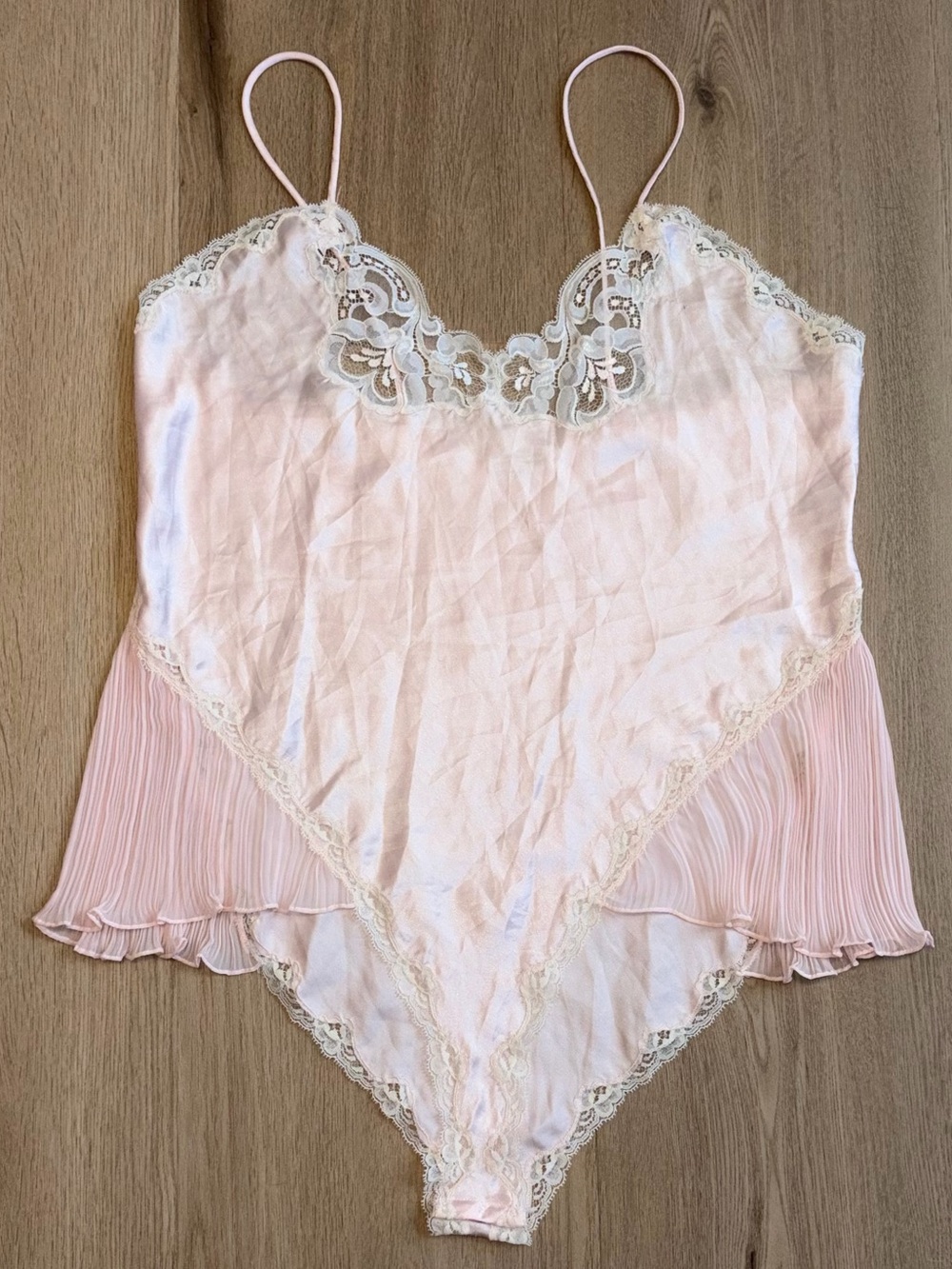 VINTAGE 70s Christian Dior Pink and Ivory Satin & Lace Teddy Bodysuit